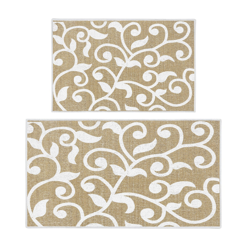 Floral Design Non Skid Washable Kitchen Runner Rugs Set of 2| 44 x 24 and 31.5 x 20 Inches Floor Mats |Beige