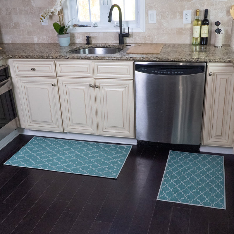 Geometric Design Non Skid Washable Kitchen Runner Rugs Set of 2| 44 x 24 and 31.5 x 20 Inches Floor Mats |Turquoise