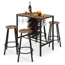 5 Pieces Bar Table and Stools Set with Wine Rack and Glass Holder-Rustic Brown by LJGDeals