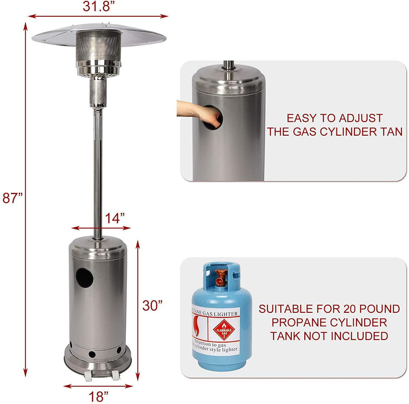 Outdoor Patio Heater Standing Gas LP Propane Heater with Wheels 87 Inches Tall 36000 BTU for Commercial Courtyard (Silver)