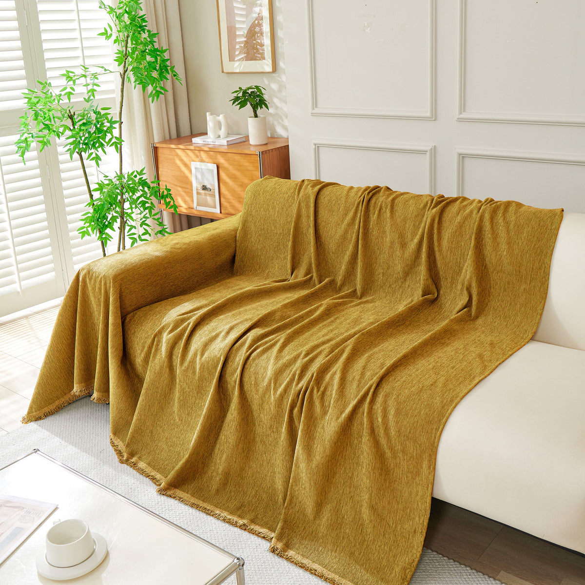 Solid Color Chenille Sofa Throw Blanket, Modern Decor Soft Couch Cover with Fringes, photo 8 of 42