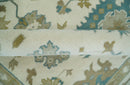 Ivory Beige Teal Wool Oushak Hand-Knotted Area Rug - Traditional
