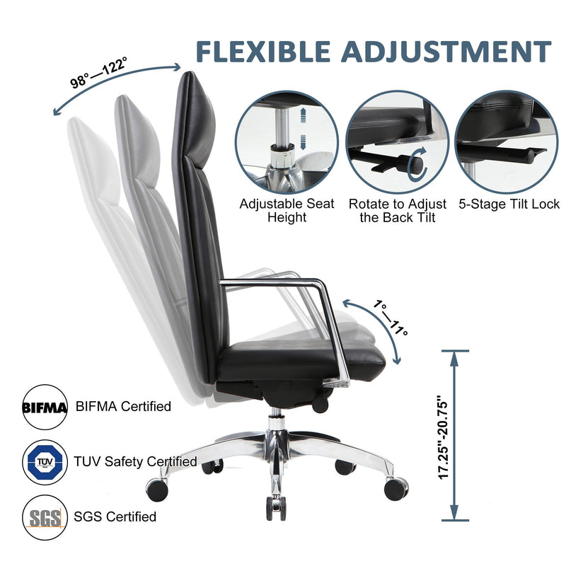 High Back Chair, Ergonomic Leather Office Chair, Office Chair with Adjustable Height and Tilt Function, 360° Swivel, Large Tall Computer Chair, Black