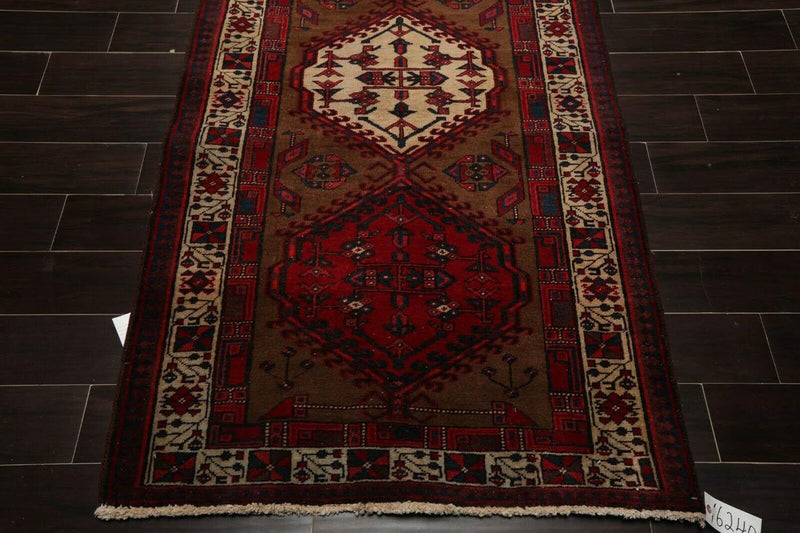 3'8" x 11' Vintage Runner Hand Knotted Wool Tribal Hamadan Area Rug Brown