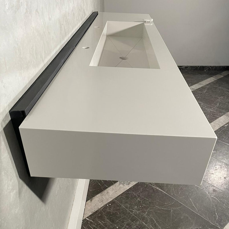 White Quartz Large Bathroom Trough Sink Wall Mount Contemporary Design, photo 6 of 13