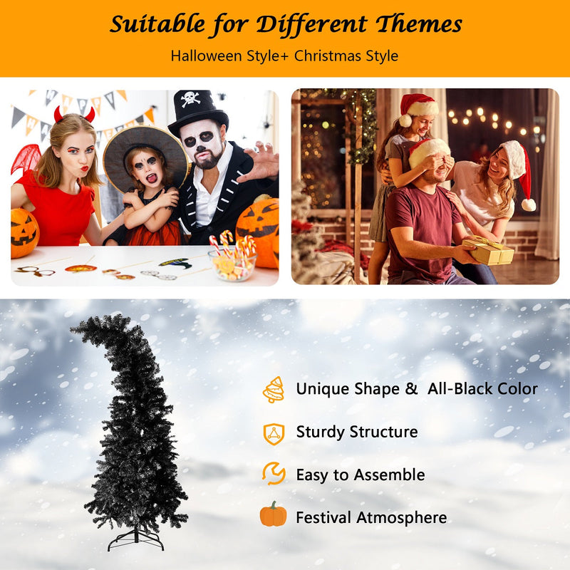 6.9ft Black Bendable Santa Hat Style Halloween Tree Artificial Christmas Tree Xmas, 1050 Branch Tips, Metal Frame