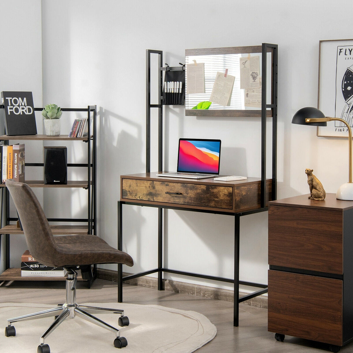 Industrial Vanity Table with 3-Height Adjustable Mirror Bag-Brown, photo 5 of 8