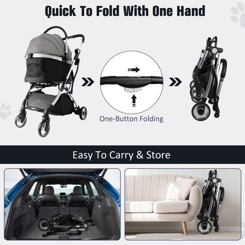 Foldable Pet Stroller 3 in 1 Design Detachable Carrier Telescopic Handle Aluminum Alloy Frame Up to 33 lbs Capacity, Gray