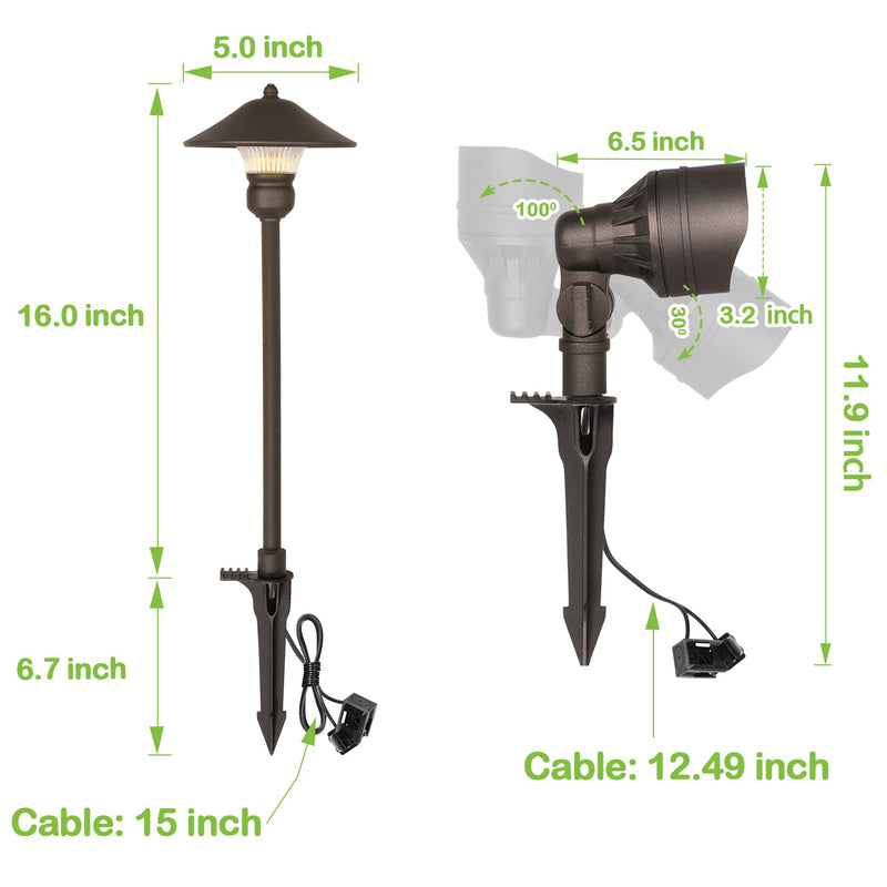 LED Landscape Light Kits For Pathway, 12V AC, 10W 390LM Spot Light (2 Heads) + 3W 150LM Flood Light (6 Heads), ORB Finish, Driver & Cable NOT included in Kit