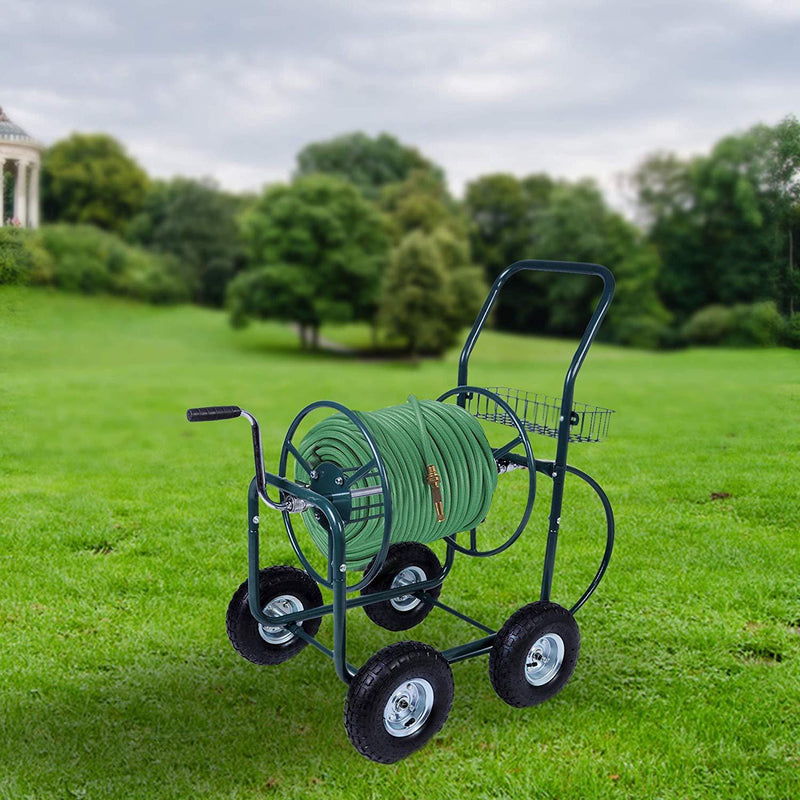 4 Wheels Heavy Duty Garden Metal Hose Reel Cart Gardening Water Planting with Storage Basket