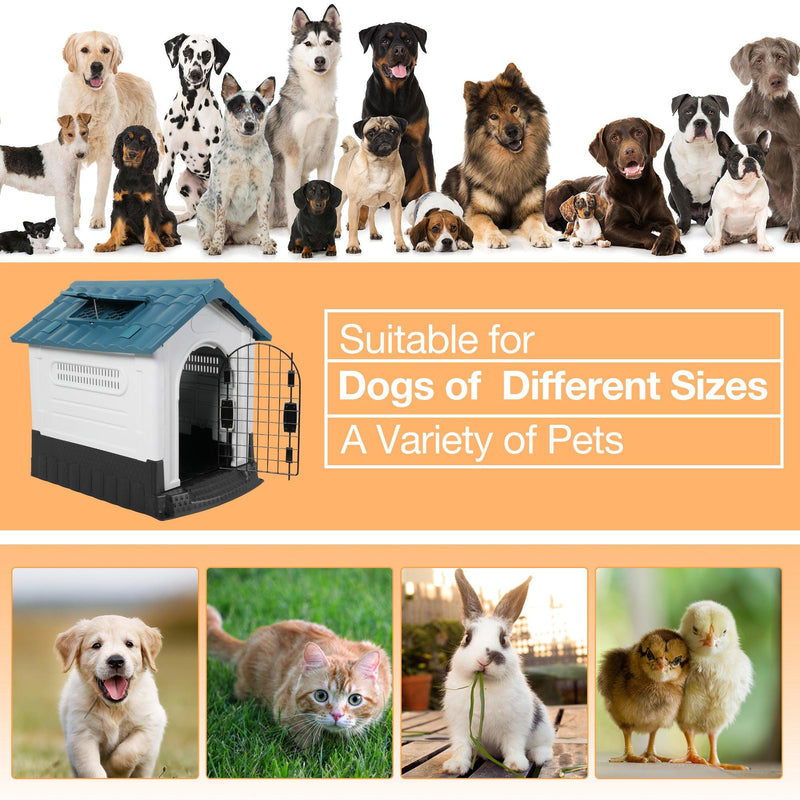 Outdoor Blue Sloped Roof 46.4" Height Large Dog House Plastic Waterproof Kennel with Air Vents