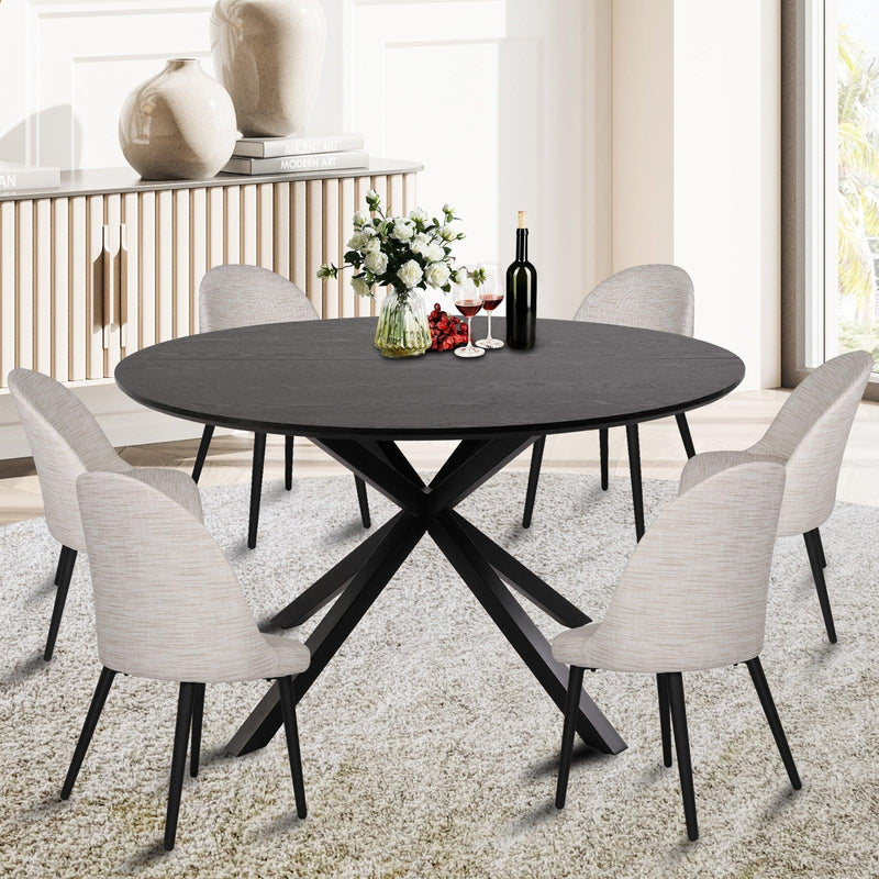 53" Mid-Century Modern Round Dining Room Table for 4-6 Person W/Solid Metal Legs, Black Wood Grain