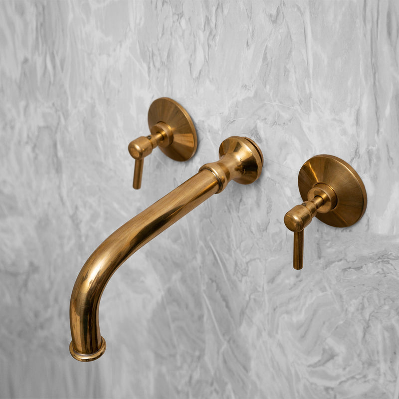 Unlacquered Brass Wall Mount Double Lever Handle Bathroom Sink Faucet - Rough in Valve Included