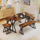 5-Piece Dining Room Set Industrial Rectangular Kitchen Table with 2 Benches and 2 Stools-Rustic Brown by LJGDeals