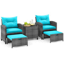 5 Piece Patio Rattan Furniture with 2 Ottomans and Tempered Glass Coffee Table by LJGDeals