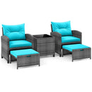 5 Piece Patio Rattan Furniture with 2 Ottomans and Tempered Glass Coffee Table by LJGDeals