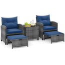 5 Piece Patio Rattan Furniture with 2 Ottomans and Tempered Glass Coffee Table by LJGDeals