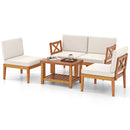 5 Pieces Acacia Wood Patio Furniture Set Outdoor Sectional Conversation Set with Cushions-Off White by LJGDeals
