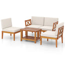5 Pieces Acacia Wood Patio Furniture Set Outdoor Sectional Conversation Set with Cushions-Off White by LJGDeals