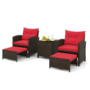 5 Pieces Patio Rattan Furniture with 2 Ottomans and Tempered Glass Coffee Table-Red by DirectDeals