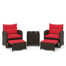 5 Pieces Patio Rattan Furniture with 2 Ottomans and Tempered Glass Coffee Table-Red by LJGDeals