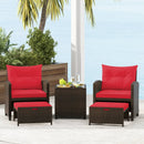 5 Pieces Patio Rattan Furniture with 2 Ottomans and Tempered Glass Coffee Table-Red by DirectDeals