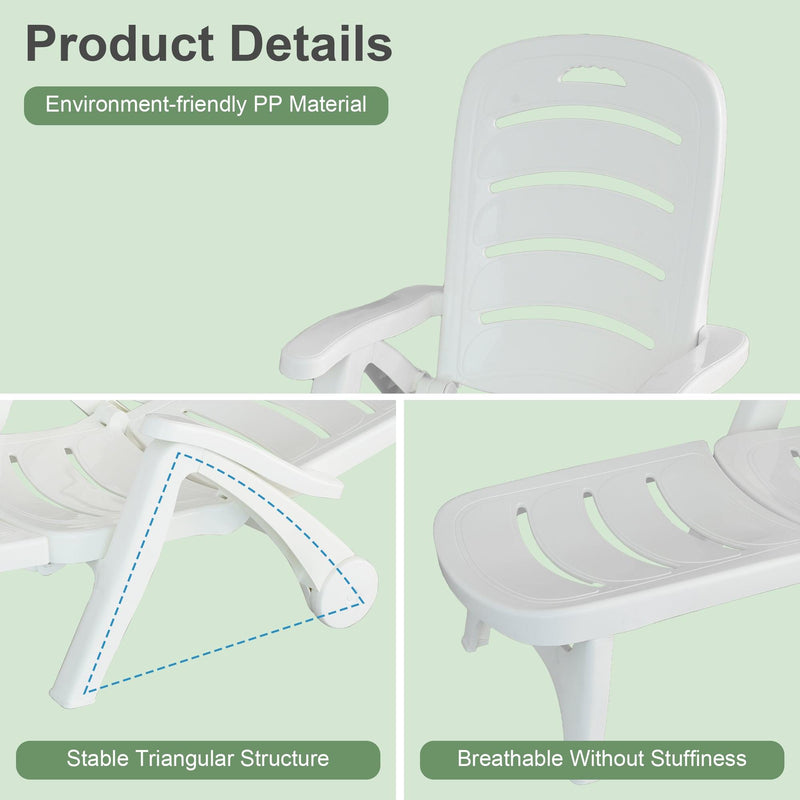 Outdoor Chaise Lounge Patio Pool Lounge Chairs with 5 Level Adjustable and Wheels, White