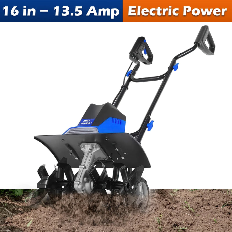 BILT HARD Tiller Cultivator 16 inch, 13.5 Amp 6 Steel Tines Tillers for Gardening Foldable, Electric Garden Rototiller with Adjustable Wheels