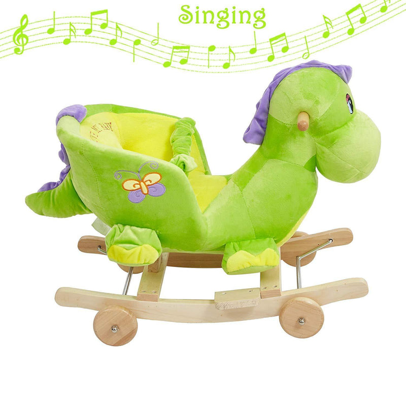 Rocking Horse Toys Baby 2-in-1 Wooden Plush Rocker Seat Ride-On Stroller with Seat Belt, Green Dinosaur