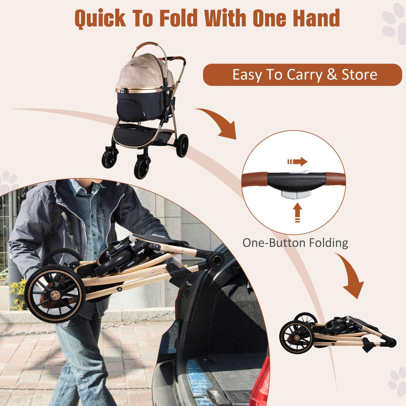 3 in 1 Foldable Aluminum Alloy Frame Pet Stroller No-Zip Dog Stroller with Detachable Carrier & Cup Holder, Up to 33 lbs, Gold