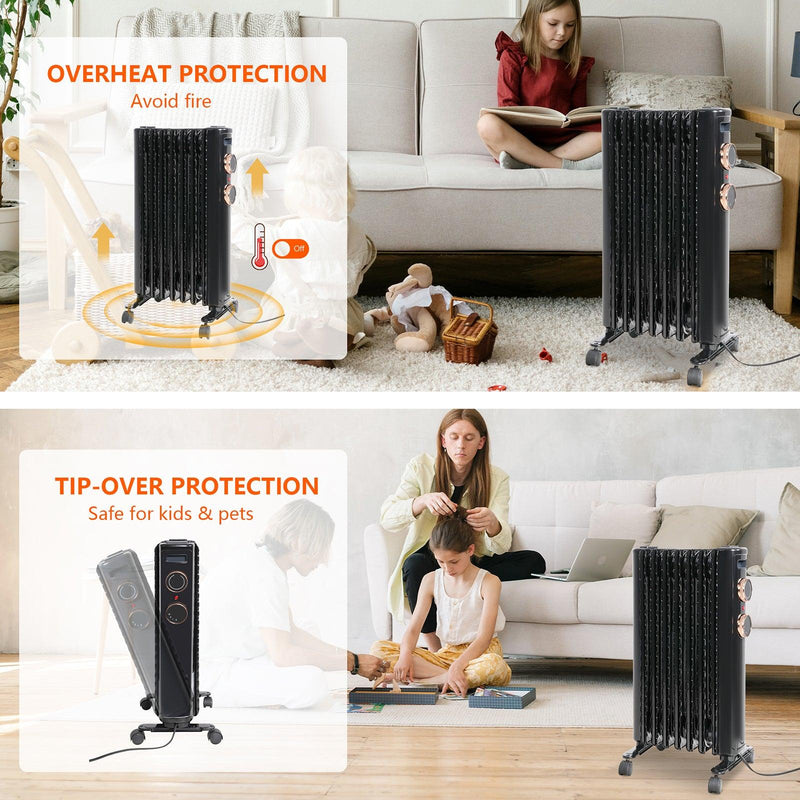 1500W Portable Electric Radiator Oil Filled Heater With 3 Heating Modes, Adjustable Thermostat, Black