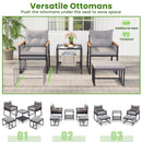 5 Piece Outdoor Rattan Conversation Set with 2-Layer Side Table and 2 Ottomans-Gray