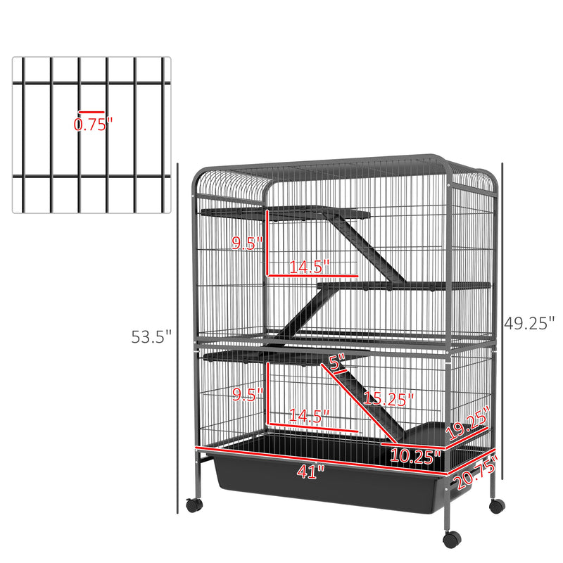 53.5" Small Animal Cage, 5-Level Metal Ferret or Bunny Cage with Wheels, Chinchilla Cage with Removable Tray, 2 Front Doors, Ramps, Gray