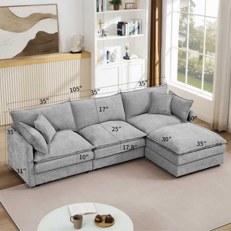 Contemporary Modular Sectional Sofa, 105 Inch L-Shaped Couch Set with Movable Ottoman, Chenille Grey