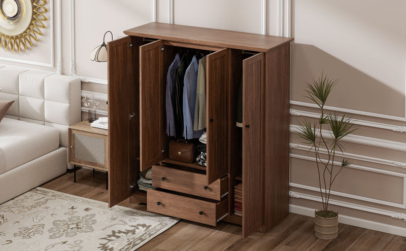 4 Door Wardrobe Armoire Closet with 2 Drawers, Brown