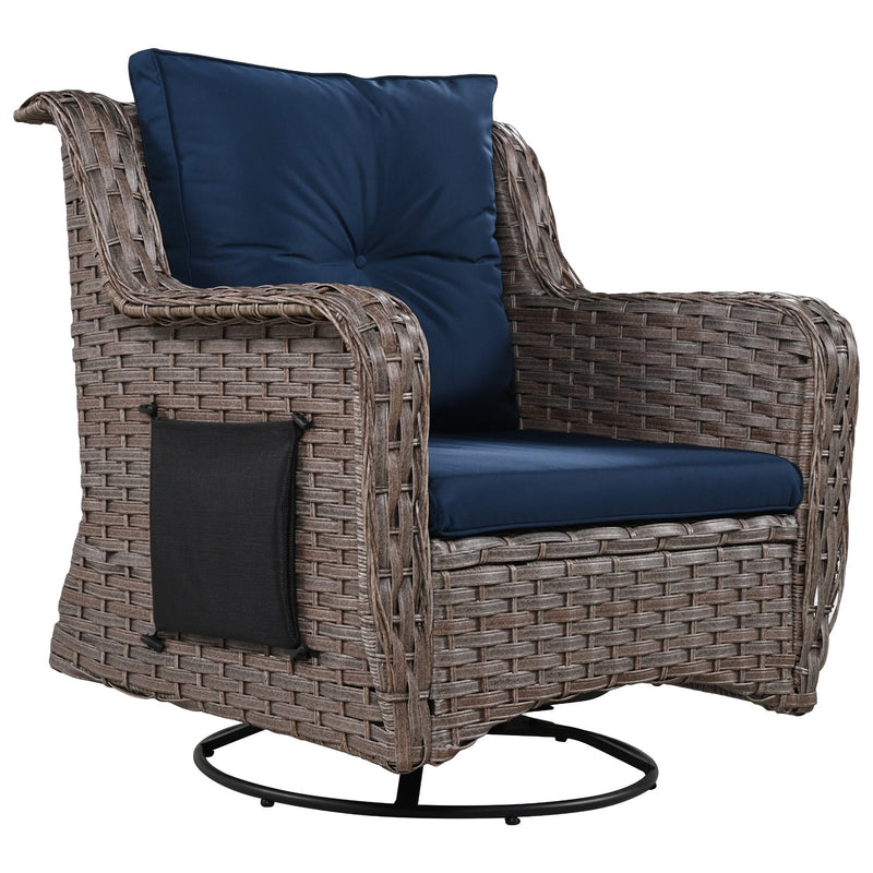5 Pieces Outdoor Patio Furniture Set with Pet House Cool Bar and Retractable Side Tray, Rattan Wicker Patio Swivel Rocking Chairs Set of 2 with Ottomans for Backyard, Porch, Balcony, Navy Blue