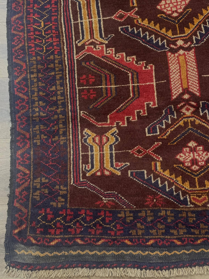 Afghan Rug 3x7, Maroon and Navy Blue, Balouch Carpet, Tribal Rug, New