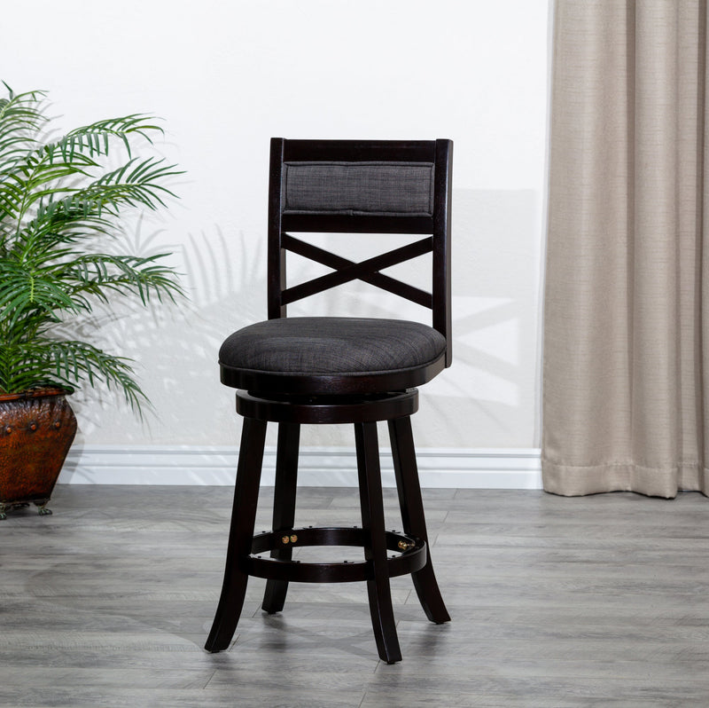 24" Counter Height X-Back Swivel Stool, Espresso Finish, Charcoal Fabric Seat