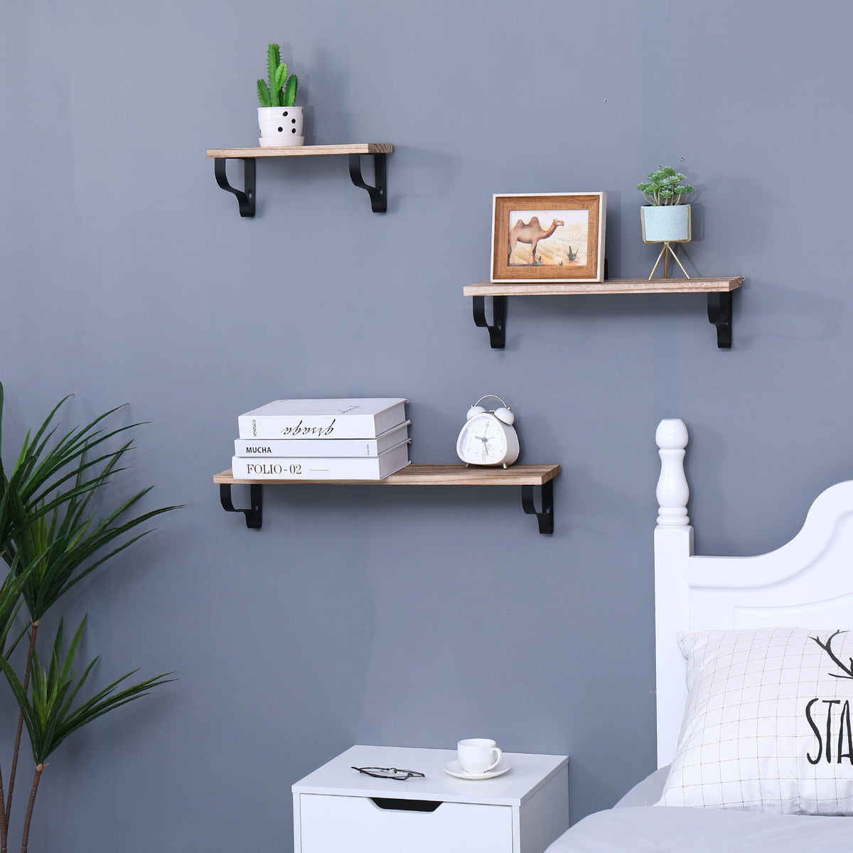 Floating Shelves, Long Wall Shelves (Set of 3), Wall Mounted Shelves & Brackets For Bedroom - Natural Wood, photo 3 of 5
