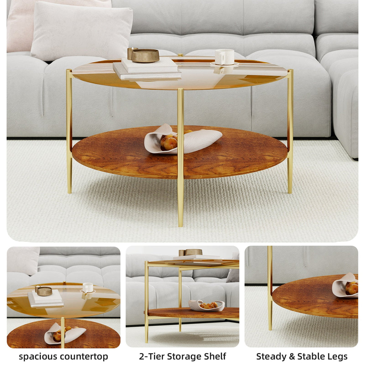 Luxurious Round Coffee Table with Gold-Tinted Tempered Glass Top, photo 7 of 10
