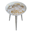 20 Inch Artisanal Industrial Round Tray Top Iron Side End Table, Tripod Base, Distressed White, Gold
