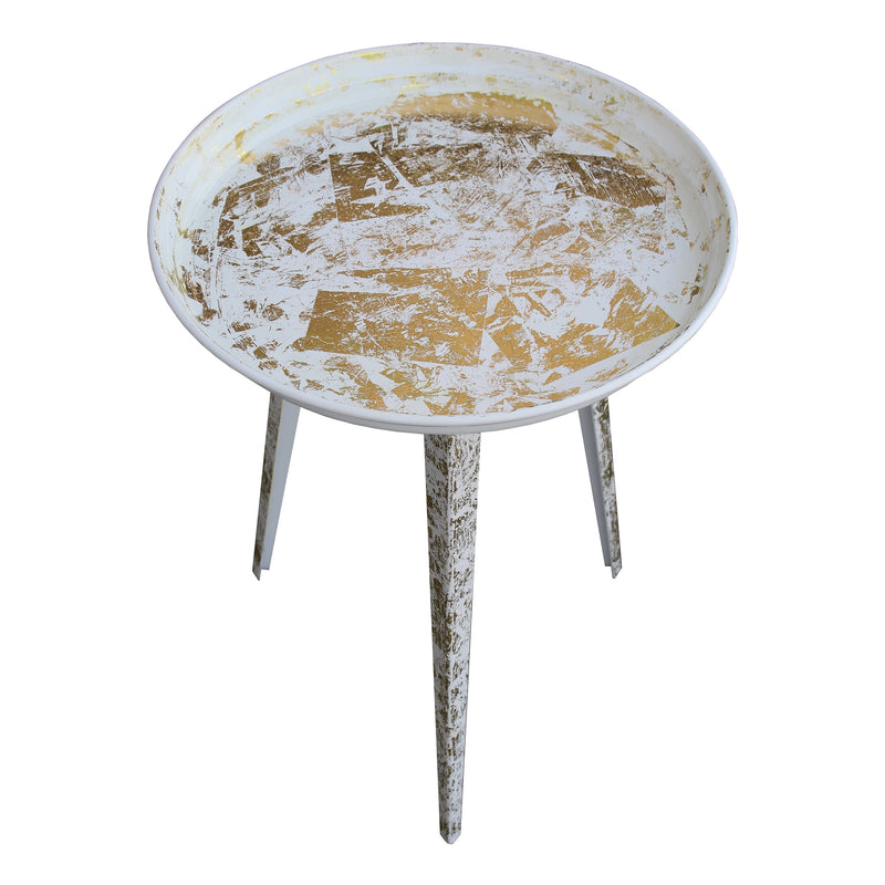 20 Inch Artisanal Industrial Round Tray Top Iron Side End Table, Tripod Base, Distressed White, Gold