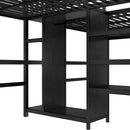 Twin Over Twin Metal Loft Bed with Double Desk and Wardrobe and Shelves with Electrical Outlet for Space Saving and Noise Reduction,Black