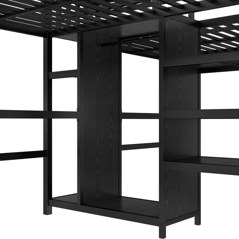 Twin Over Twin Metal Loft Bed with Double Desk and Wardrobe and Shelves with Electrical Outlet for Space Saving and Noise Reduction,Black