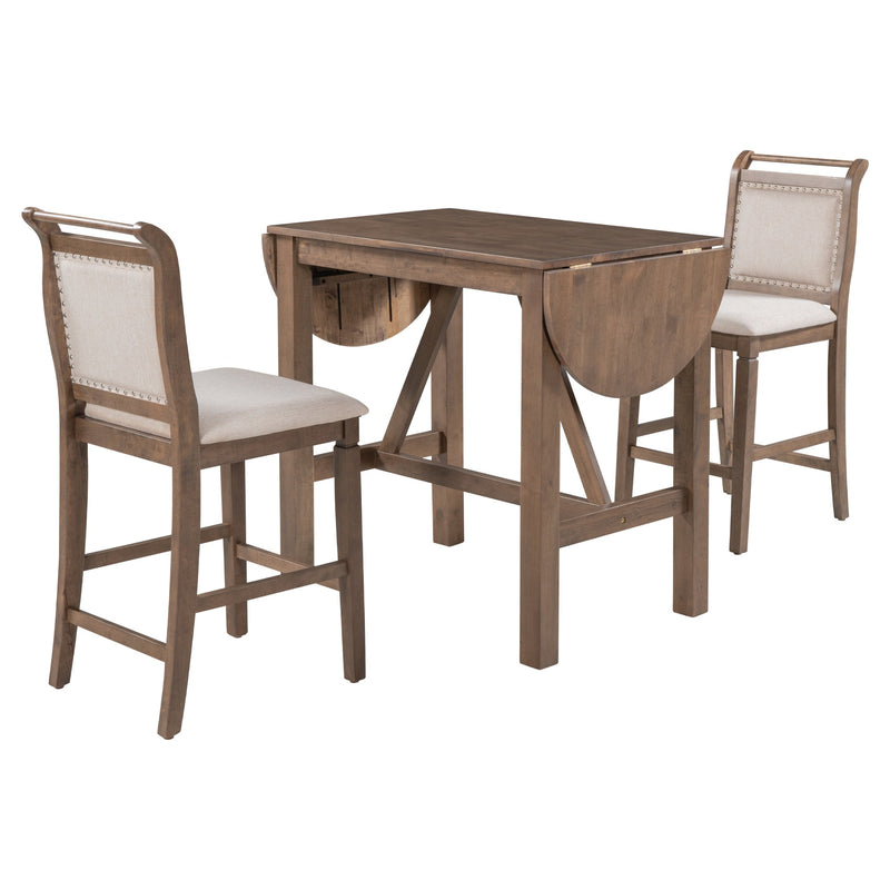 3-Piece Wood Counter Height Drop Leaf Dining Table Set with 2 Upholstered Dining Chairs for Small Place, Brown