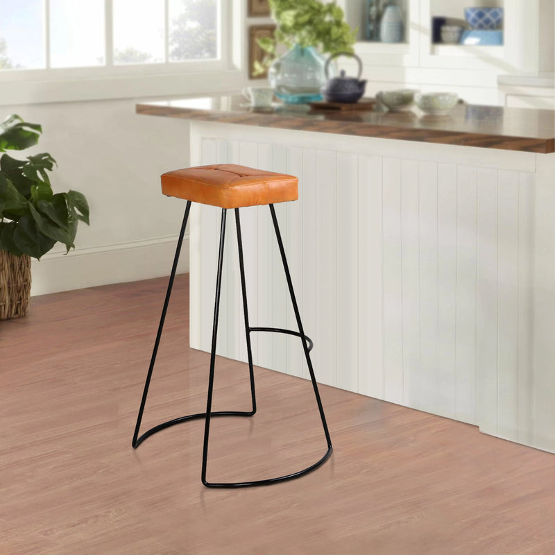 32 Inch Modern Bar Stool, Genuine Leather Seat, Metal Frame, Button Tufted, Tan Brown, Black