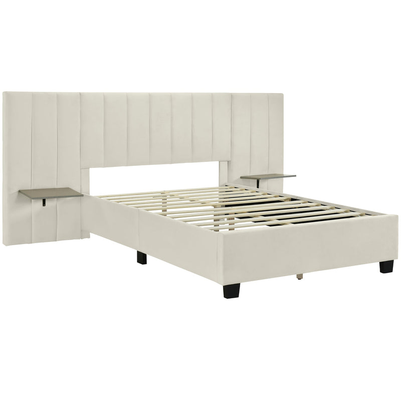 Walker Edison - Full Size Upholstered Platform Bed with Big Headboard, Bedroom Furniture, Velvet, Beige