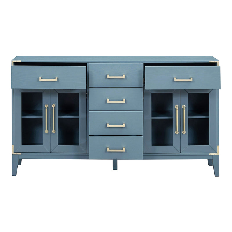 6-drawer and 2-Cabinet Retro Sideboard with Extra Large Storage Space, with Gold Handles and Solid Wood Legs, for Kitchen and Living Room (Antique Blue)