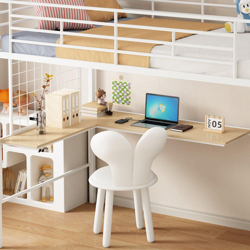 Twin Loft Bed with Desk and Storage Wardrobe, Heavy Duty Loft Bed with Stairs and Metal Grid, Twin Size Loft Bed, No Box Spring Needed, White Loft Bed Twin Size-White