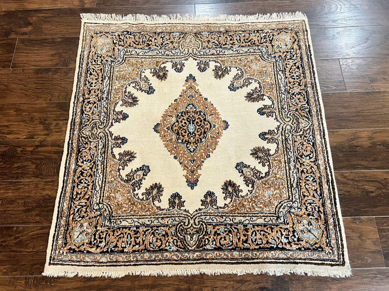 Square Persian Kirman Rug 4x4, Semi Open Field, Handmade